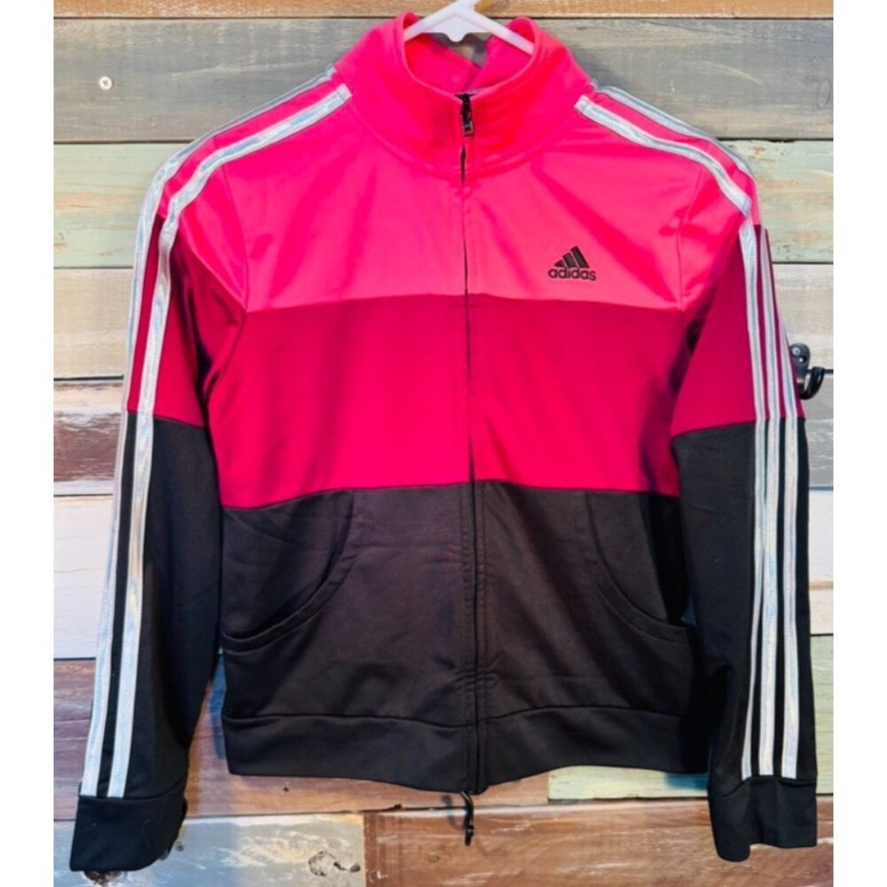 Adidas Girls Black Burgundy Pink Tricot Colorblock Zip Track Jacket L (14) USED